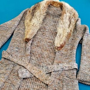 Vintage (1970s) Wool Cardigan (Fur Lined Collar)